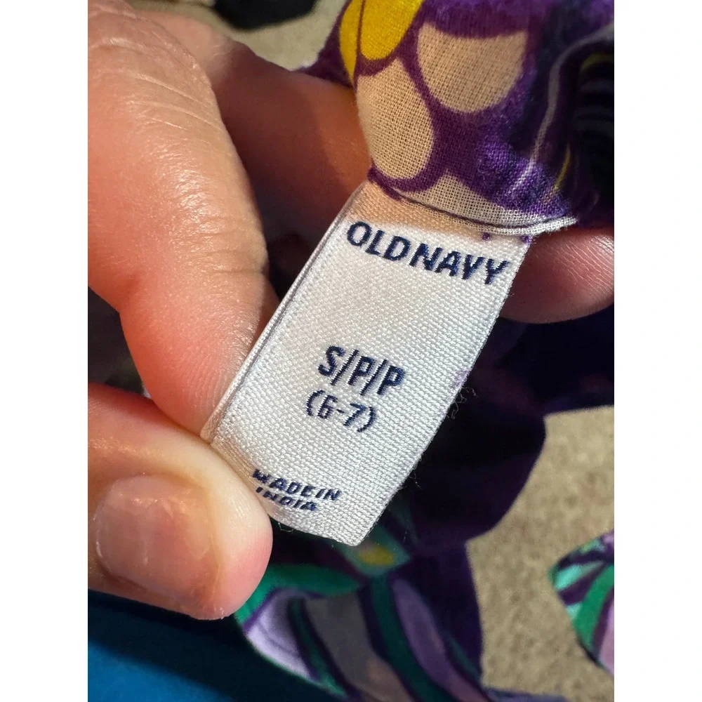 Old Navy Girls Purple Peacock Feather Print Flutter Sleeve Dress Size 6-7 Summer